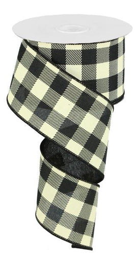 Plaid Check Wired Ribbon : Black Ivory - 2.5 Inches x 50 Yards (150 Feet)