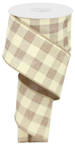 Plaid Check Wired Ribbon : Light Beige Ivory - 2.5 Inches x 50 Yards (150 Feet)