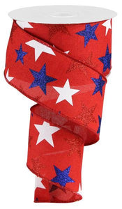 Glitter Stars Wired Ribbon - 50 Yards (Red, Blue, White, 2.5 Inches)