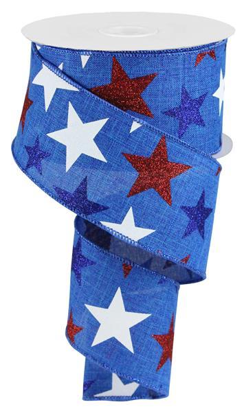 Glitter Stars Wired Ribbon - 50 Yards (Royal Blue, Red White, 2.5 Inches)