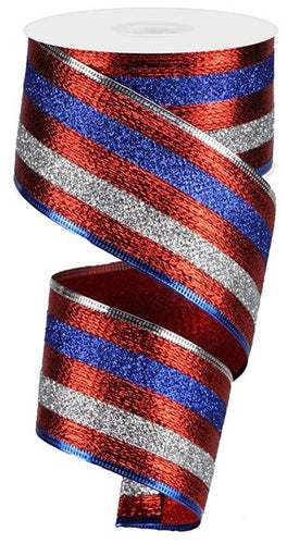 Glitter Stripes Wired Ribbon : Red, Blue, Silver - 2.5 Inches x 10 Yards (30 Feet)