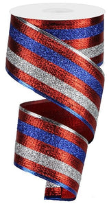 Glitter Stripes Wired Ribbon : Red, Blue, Silver - 2.5 Inches x 10 Yards (30 Feet)