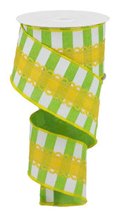 Lace with Horizontal Stripes Scalloped Royal Canvas Wired Ribbon - 10 Yards (Lime Green, White, Yellow, 2.5 Inches)