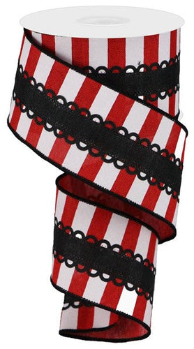 Royal Lace on Horizontal Stripe Wired Ribbon (Red, Black, White) 2.5 Inches x 10 Yards (30 Feet)