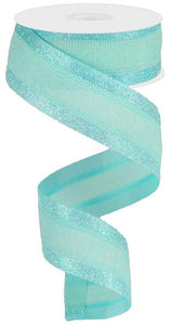 1.5" Canvas On Satin Glitter Ribbon : Robin's Egg Blue 10 Yards - Ice Blue Glitter Wired Ribbon