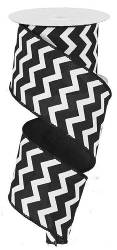 Chevron Wired Ribbon : Black White - 2.5 Inches x 10 Yards (30 Feet)