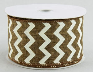 Chevron Wired Ribbon : Brown Ivory Cream - 2.5 Inches, 10 Yards (30 Feet)