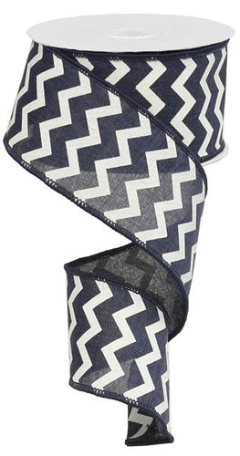 Chevron Wired Ribbon : Navy Blue, White - 2.5 Inches x 10 Yards (30 Feet)