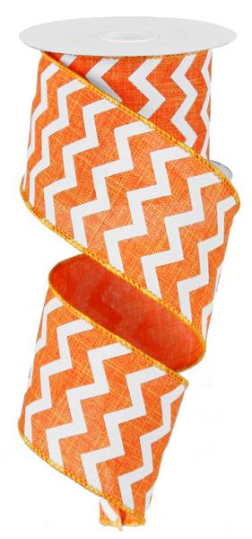 Chevron Wired Ribbon : Orange, White - 2.5 Inches x 10 Yards (30 Feet)