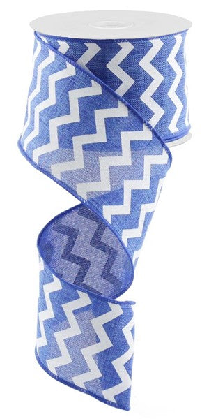 Chevron Wired Ribbon : Royal Blue, White - 2.5 Inches x 10 Yards (30 Feet)