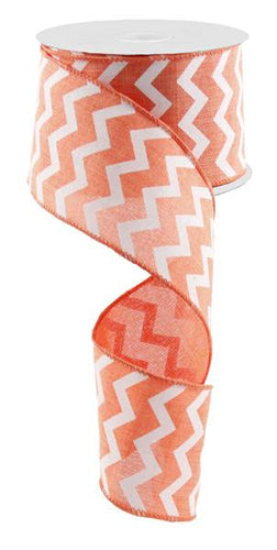 Chevron Wired Ribbon : Coral, White - 2.5 Inches, 10 Yards (30 Feet)