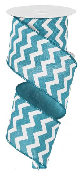 Chevron Wired Ribbon : Turquoise Blue, White - 2.5 Inches x 10 Yards (30 Feet)