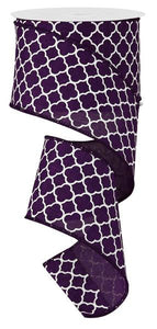 Quatrefoil Wired Canvas Faux Burlap Wired Ribbon 10 Yards X 2.5" (Purple White)