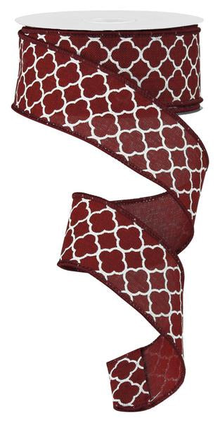 Quatrefoil Fall Autumn Wired Ribbon, Cranberry and White, 1.5 inches x 10 yards (30 feet)