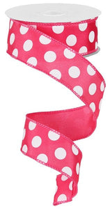 Polka Dot Satin Wired Ribbon : Hot Pink White - 1.5 Inches x 10 Yards (30 Feet)