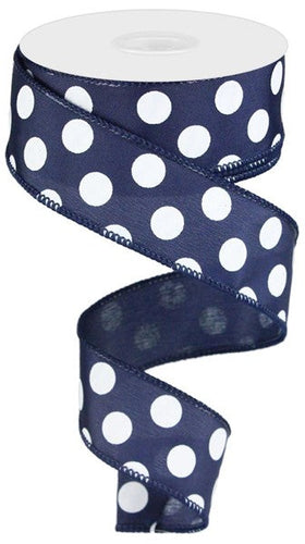 Polka Dot Satin Wired Ribbon : Navy Blue White - 1.5 Inches x 10 Yards