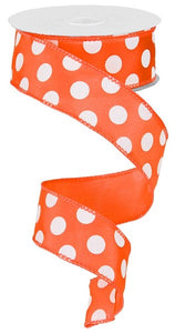 Polka Dot Satin Wired Ribbon : Orange White - 1.5 Inches x 10 Yards (30 Feet)