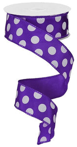 Polka Dot Satin Wired Ribbon : Purple White - 1.5 Inches x 10 Yards (30 Feet)