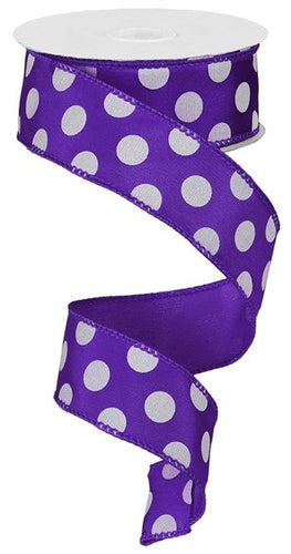 Polka Dot Satin Wired Ribbon : Purple White - 1.5 Inches x 10 Yards (30 Feet)