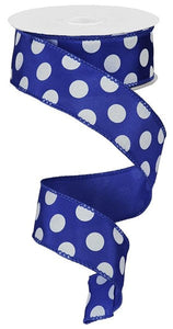 Polka Dot Satin Wired Ribbon : Royal Blue White - 1.5 Inches x 10 Yards (30 Feet)