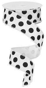 Polka Dot Satin Wired Ribbon : White Black - 1,5 Inches x 10 Yards (30 Feet)