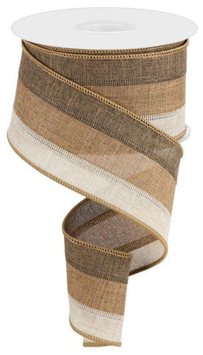 3 in 1 Striped Canvas Wired Ribbon : Natural, Tan Beige, Brown - 2.5 inches x 10 yards (30 feet)