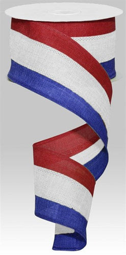 3 in 1 Striped Canvas Wired Ribbon : Red White Royal Blue - 2.5 inches x 10 yards (30 feet)