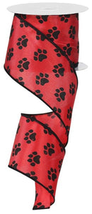 Paw Print Dog Wired Ribbon : Red Satin with Black - 2.5 Inches x 10 Yards (30 Feet)