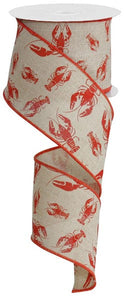 Crawfish Crab Burlap Royal Wired Ribbon (Red, Beige) 2.5 Inches x 10 Yards