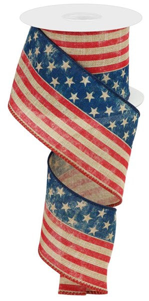 Stars & Stripes Ribbon : Tan Beige Red Blue - 2.5 Inches x 10 Yards (30 Feet)