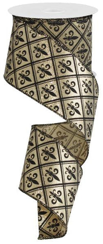 Gold Lame Harlequin Fleur De Lis Wired Ribbon : Black & Gold - 2.5 Inches x 10 Yards (30 Feet)