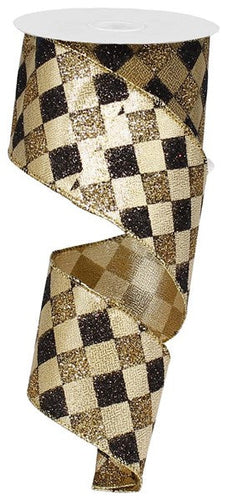 Glitter Diamond Check Wired Ribbon, Gold, Black - 2.5 inches x 10 yards (30 feet)