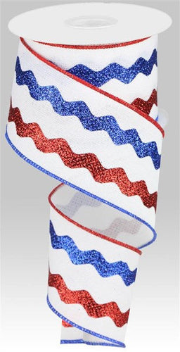 Ric Rac Wired Ribbon : Glitter Red, White & Blue - 2.5 Inches x 10 Yards (30 Feet)