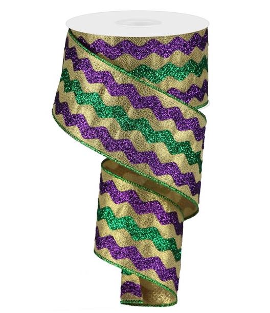 Mardi Gras RicRac Wired Ribbon 2.5 Inches x 10 Yards (30 Feet) Gold Purple Green