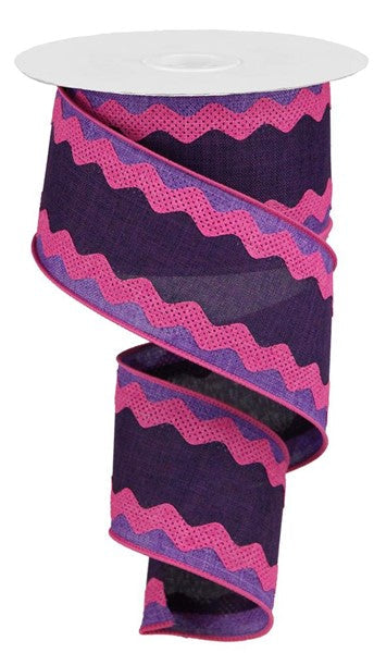 Ric Rac on Plaid Canvas Wired Ribbon : Purple Fuchsia Pink - 2.5 Inches x 10 Yards (30 Feet)