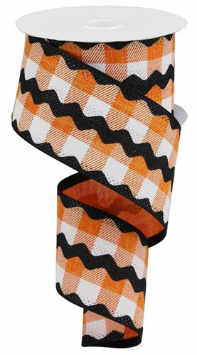 Ric Rac on Plaid Canvas Wired Ribbon : Orange, White, Black - 2.5 Inches x 10 Yards (30 Feet)