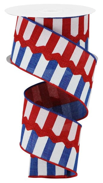 Horizontal Stripe Ricrac Wired Ribbon : Red White Blue 2.5 inches x 10 yards (30 feet)