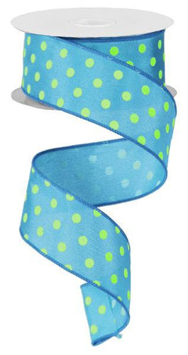 Polka Dot Wired Ribbon, Turquoise Yellow, 1.5 Inches