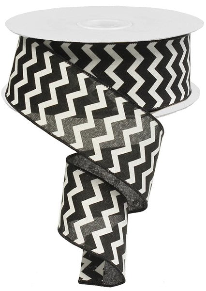 Chevron Canvas Wired Ribbon : Black White - 2.5 Inches x 50 Yards (150 Feet)