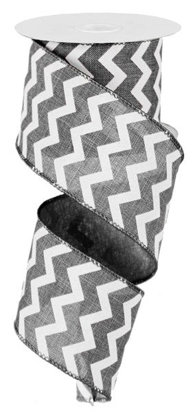 Chevron Canvas Wired Ribbon : Grey White - 2.5 Inches x 50 Yards (150 Feet)