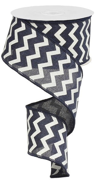 Chevron Canvas Wired Ribbon : Navy Blue White - 2.5 Inches x 50 Yards (150 Feet)