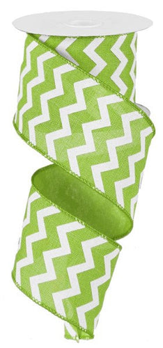 Chevron Canvas Wired Ribbon : Lime Gree White - 2.5 Inches x 50 Yards (150 Feet)