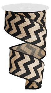 Chevron Canvas Wired Ribbon : Black Burlap Beige - 2.5 Inches x 50 Yards (150 Feet)