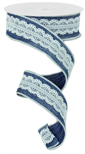 ROYAL DENIM JEAN W/LACE Color: BLUE/WHITE - 1.5 Inches x 10 Yards (30 Feet)