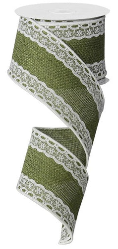 Lace Cross Burlap Royal Wired Ribbon (Moss, White) 2.5