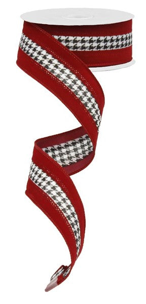 Small Houndstooth/Velvet, White/Black/Crimson - 1.5 Inches x 10 Yards (30 Feet)