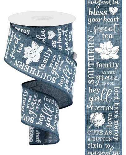 Southern Sayings Hey Y'all Ribbon Christmas Tree Garland, 2.5 Inches Wide x 10 Yards. Blue and White