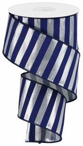 Metallic Horizontal Stripe on Royal Canvas Wired Edge Ribbon - 10 Yards ( Silver, Navy, 2.5")