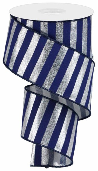 Metallic Horizontal Stripe on Royal Canvas Wired Edge Ribbon - 10 Yards ( Silver, Navy, 2.5