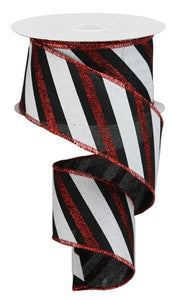 Diagonal Glitter Stripe, Black/Red/White - 2.5 Inches x 10 Yards (30 Feet)